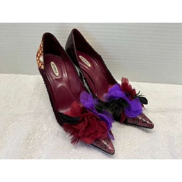 LE Stieff Embellished Floral Stiletto Heels Pumps Burgundy Leather Snakeskin - Picture 2 of 8